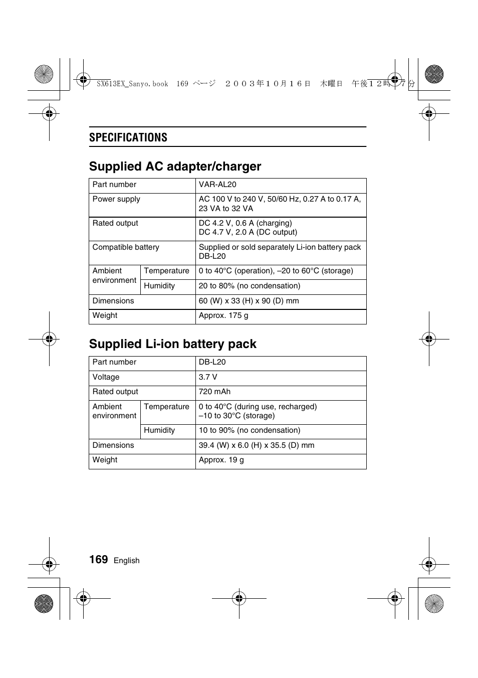 Specifications | Sanyo VPC-C1 User Manual | Page 172 / 176