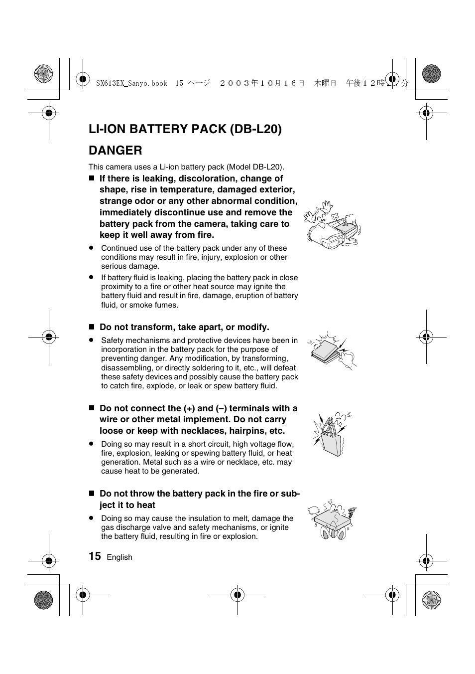 Li-ion battery pack (db-l20) danger | Sanyo VPC-C1 User Manual | Page 18 / 176