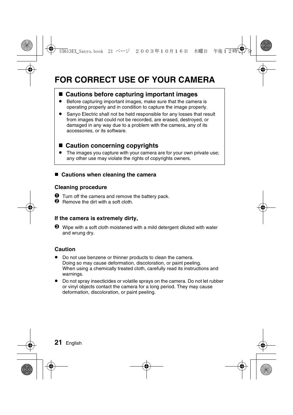 For correct use of your camera | Sanyo VPC-C1 User Manual | Page 24 / 176