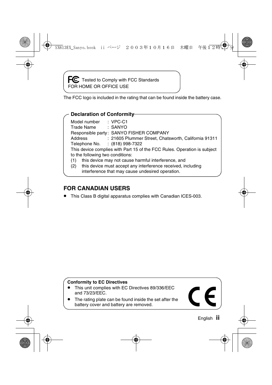 For canadian users | Sanyo VPC-C1 User Manual | Page 3 / 176