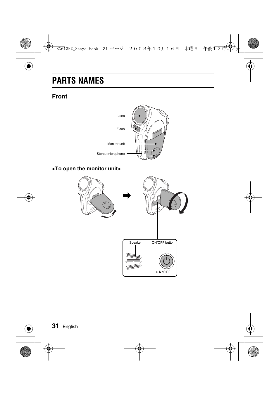 Parts names, Front | Sanyo VPC-C1 User Manual | Page 34 / 176