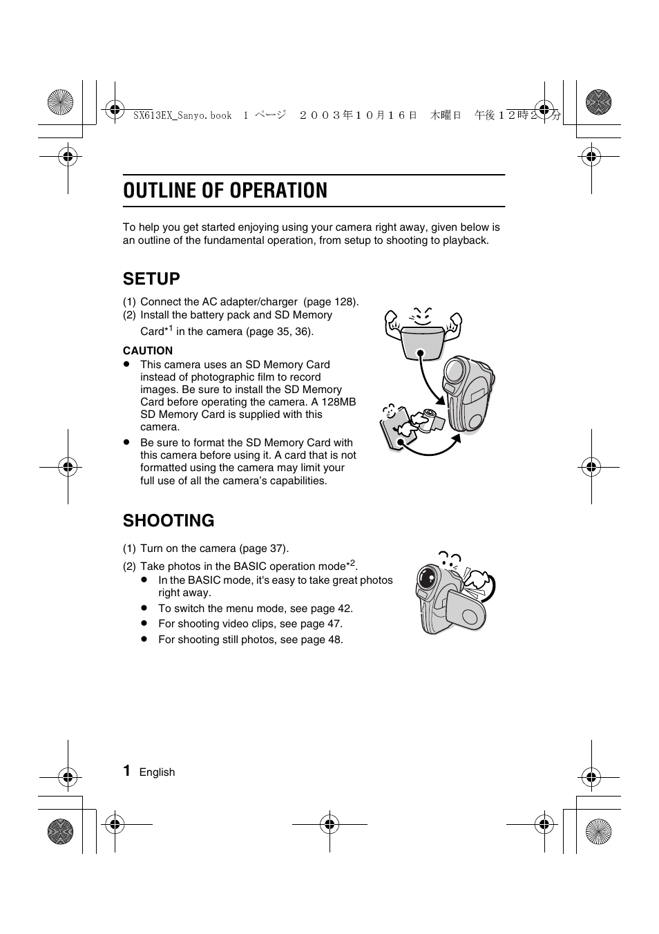 Outline of operation, Setup, Shooting | Sanyo VPC-C1 User Manual | Page 4 / 176