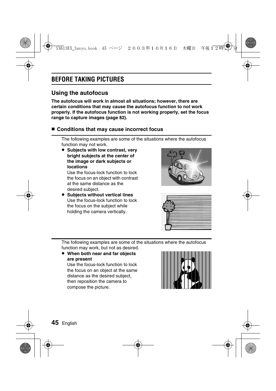 Before taking pictures, Using the autofocus | Sanyo VPC-C1 User Manual | Page 48 / 176