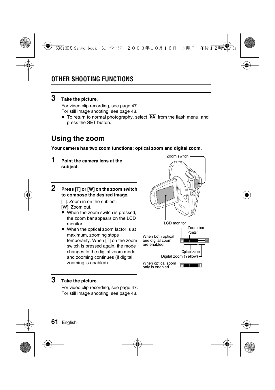 Using the zoom, Other shooting functions | Sanyo VPC-C1 User Manual | Page 64 / 176