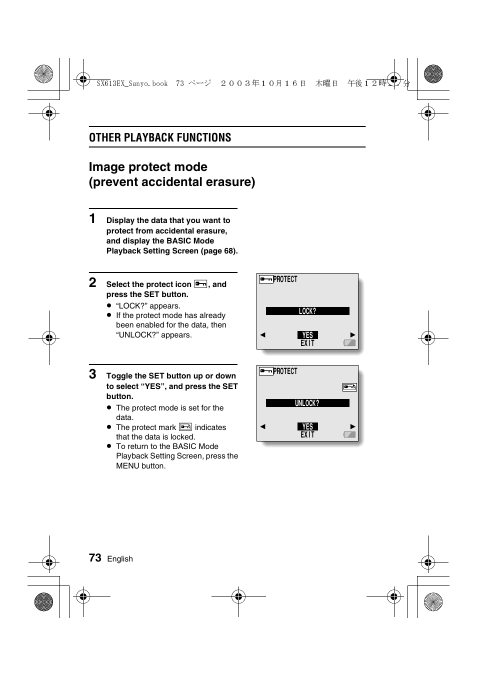 Image protect mode (prevent accidental erasure), Other playback functions | Sanyo VPC-C1 User Manual | Page 76 / 176