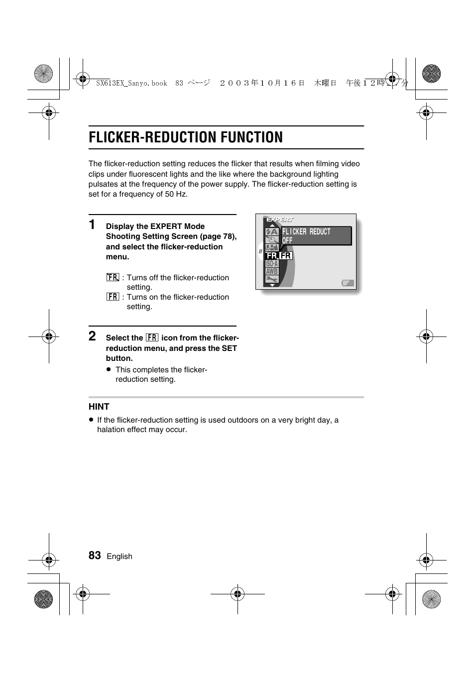 Flicker-reduction function | Sanyo VPC-C1 User Manual | Page 86 / 176