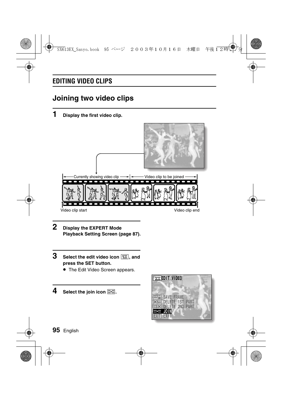 Joining two video clips, Editing video clips | Sanyo VPC-C1 User Manual | Page 98 / 176