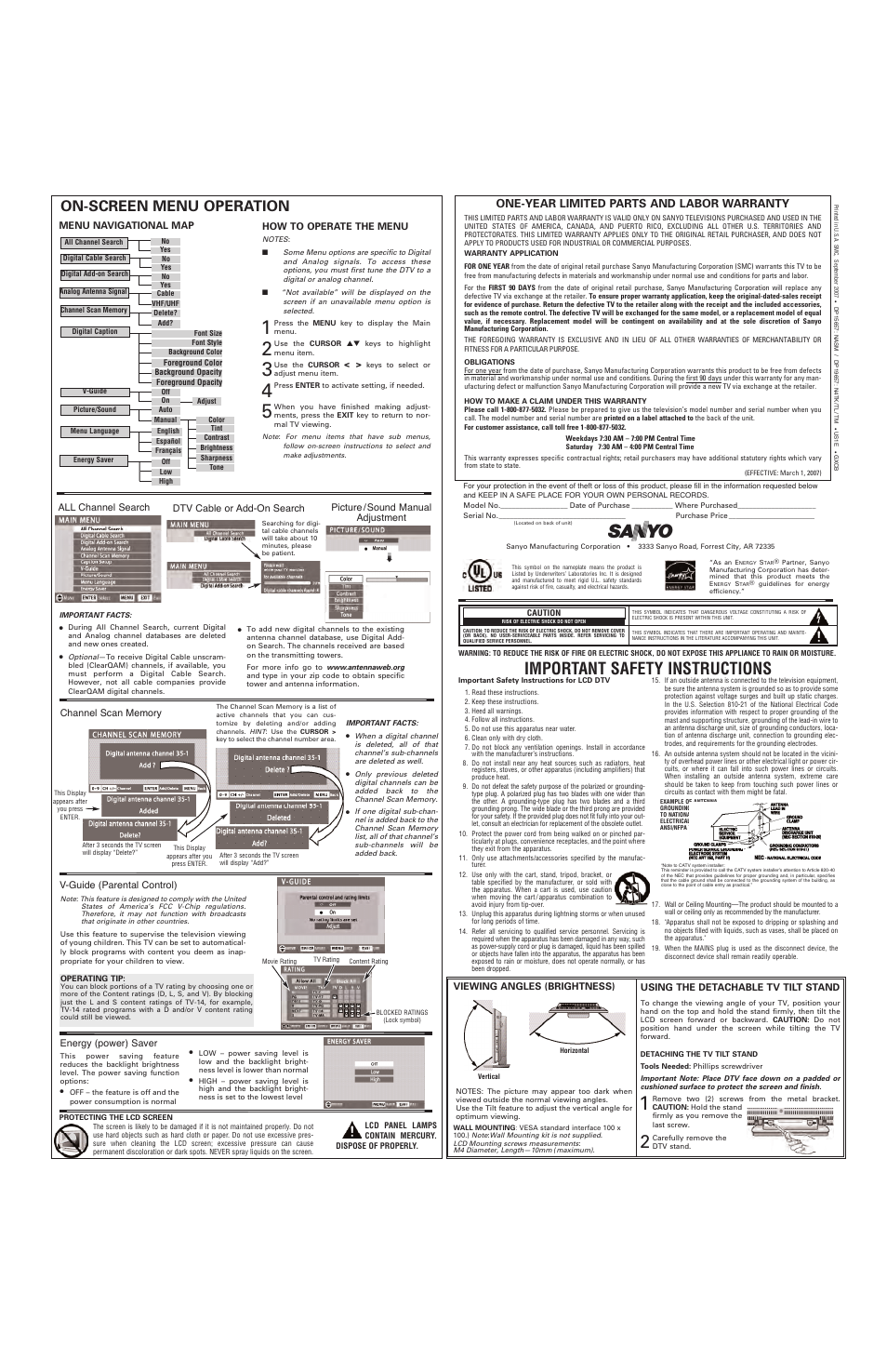 Important safety instructions, On-screen menu operation, One-year limited parts and labor warranty | Sanyo DP15657 User Manual | Page 2 / 2