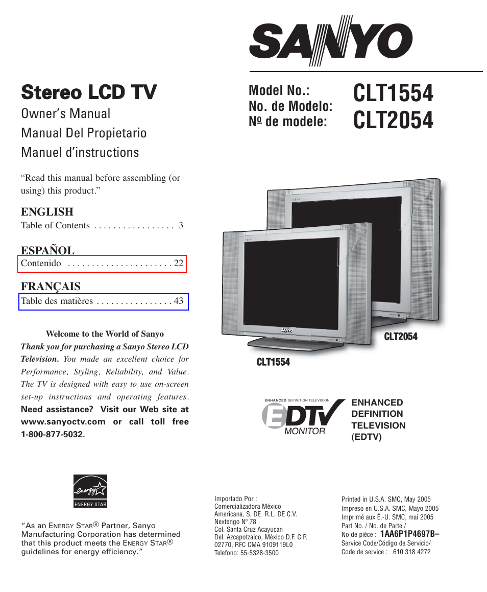 Sanyo CLT1554 CLT2054 User Manual | 21 pages