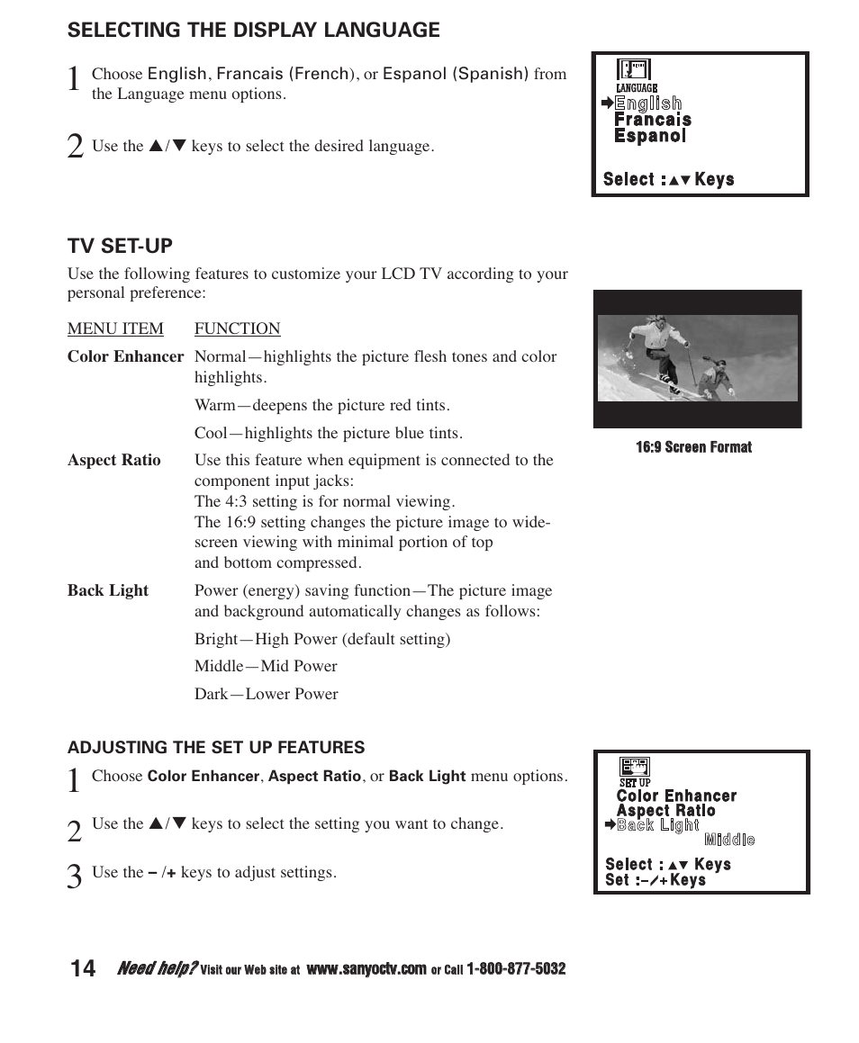 Selecting the display language, Tv set-up | Sanyo CLT1554 CLT2054 User Manual | Page 14 / 21