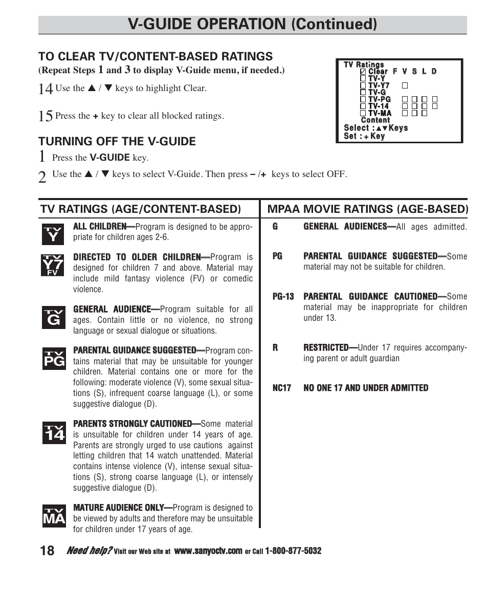 V-guide operation (continued), Turning off the v-guide, Tv ratings (age/content-based) | Mpaa movie ratings (age-based) | Sanyo CLT1554 CLT2054 User Manual | Page 18 / 21