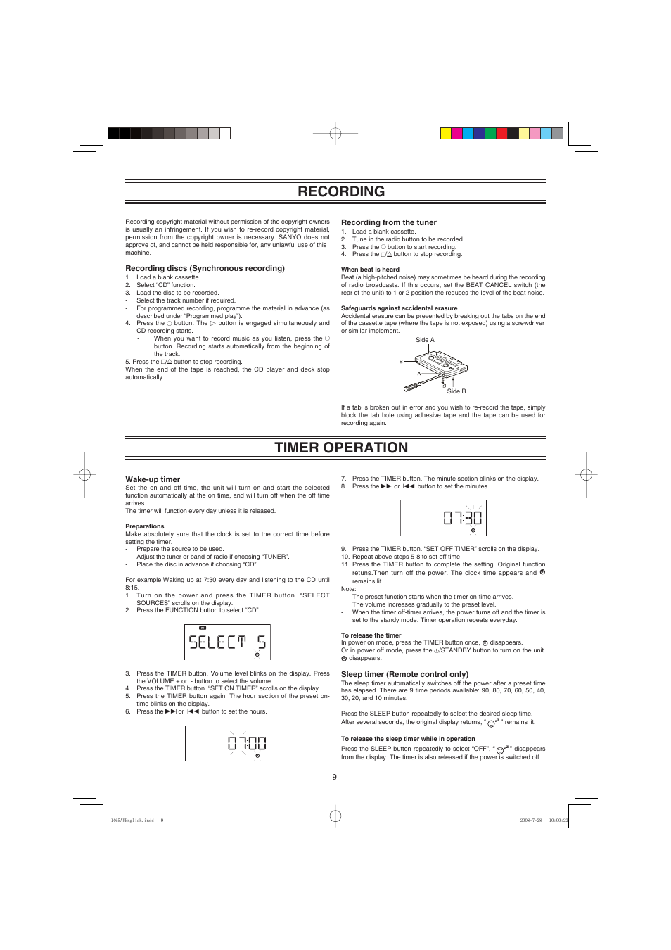 Recording, Timer operation | Sanyo DC-DA1465M User Manual | Page 10 / 12