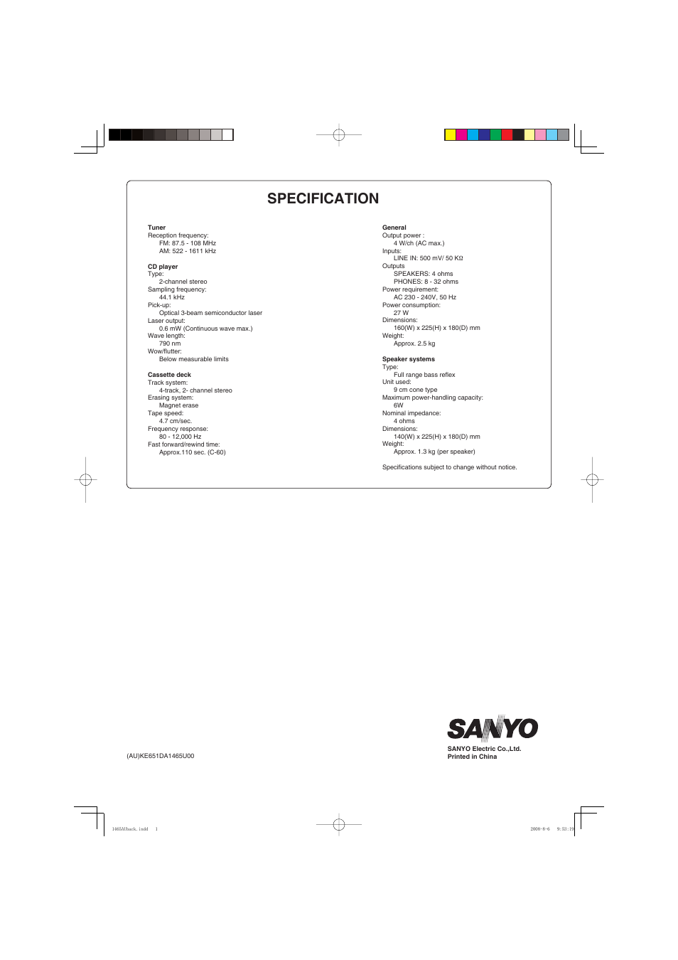 Specification | Sanyo DC-DA1465M User Manual | Page 12 / 12