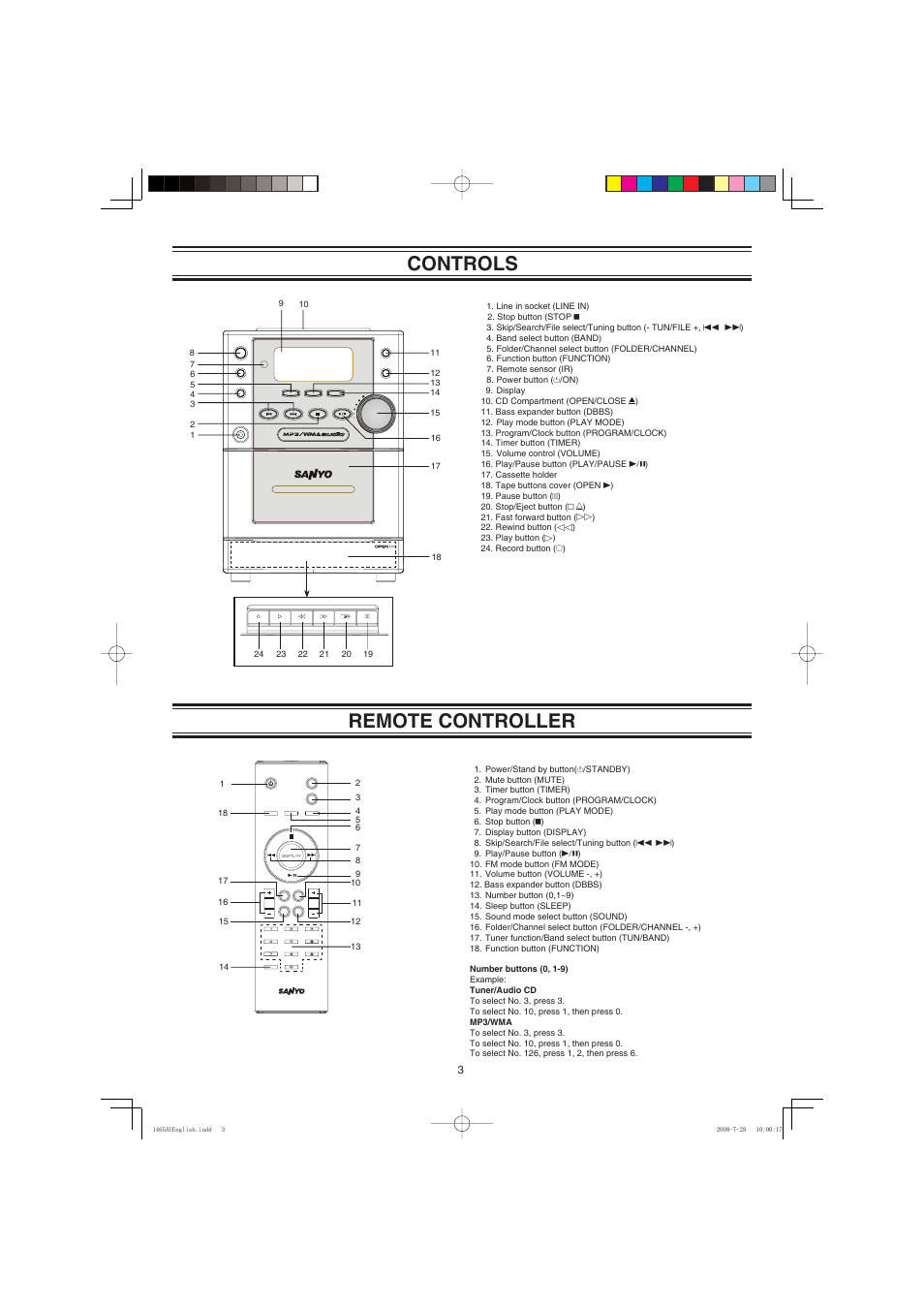 Controls remote controller | Sanyo DC-DA1465M User Manual | Page 4 / 12