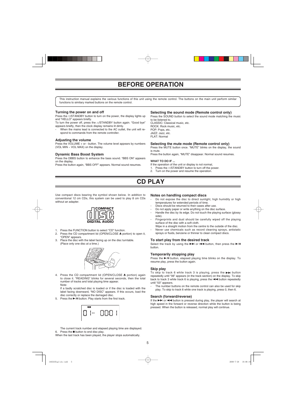 Before operation, Cd play | Sanyo DC-DA1465M User Manual | Page 6 / 12