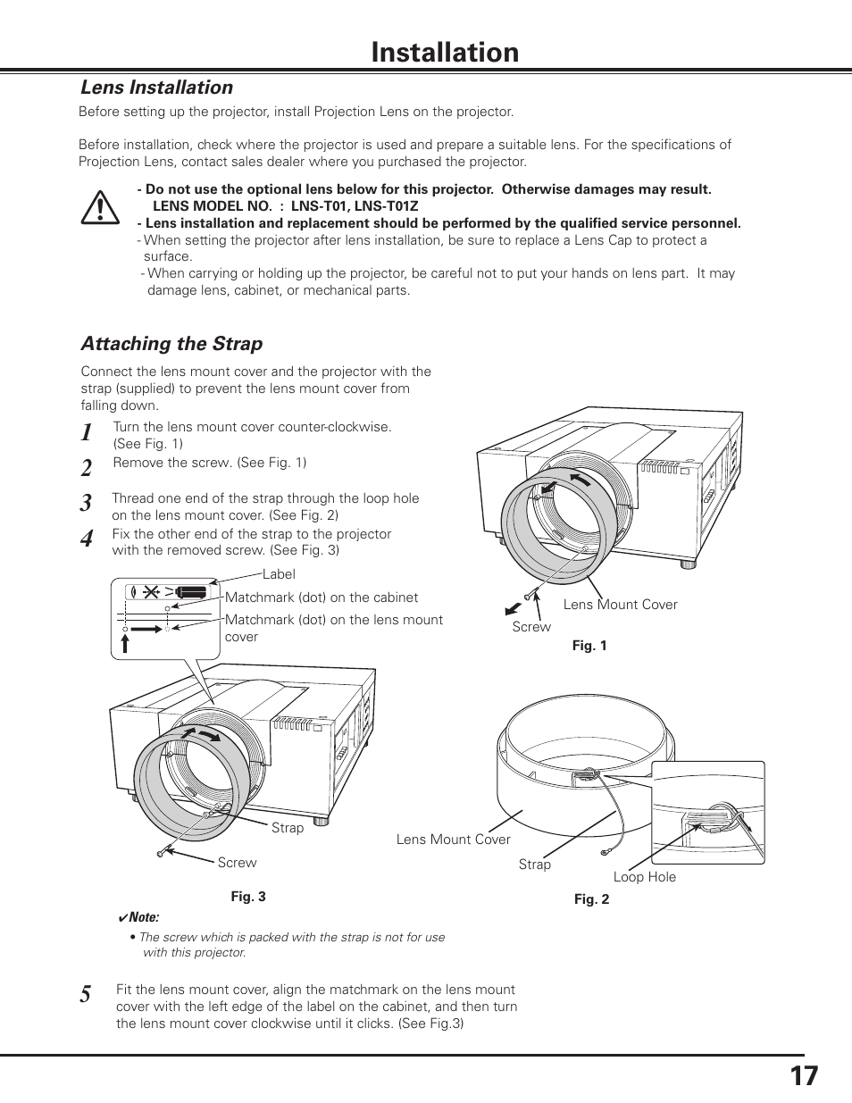 Installation, Lens installation, Attaching the strap | 17 installation | Sanyo PLC HF10000L User Manual | Page 17 / 99
