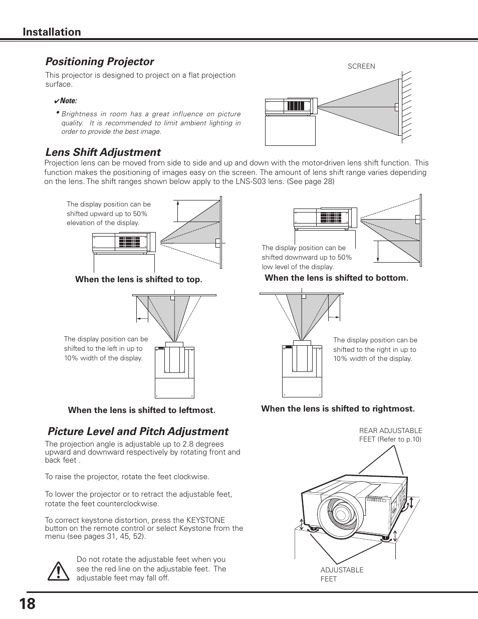 Positioning projector, Lens shift adjustment, Picture level and pitch adjustment | Installation picture level and pitch adjustment | Sanyo PLC HF10000L User Manual | Page 18 / 99