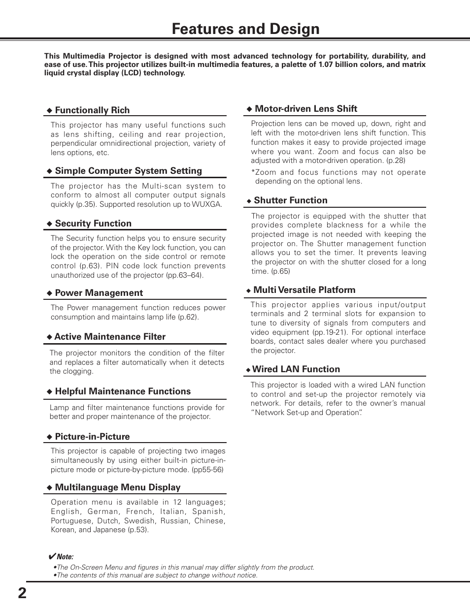 Features and design | Sanyo PLC HF10000L User Manual | Page 2 / 99