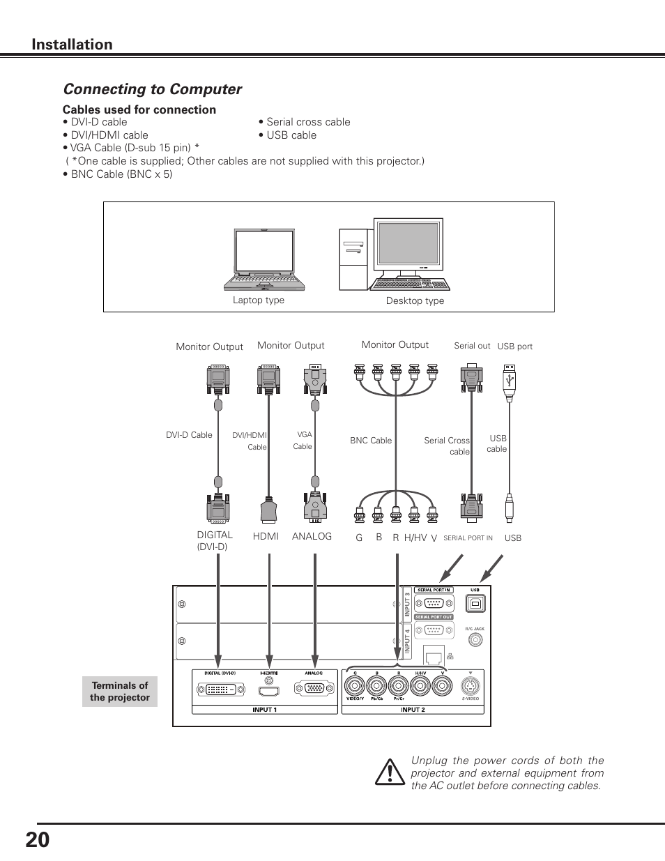 Connecting to computer, Installation | Sanyo PLC HF10000L User Manual | Page 20 / 99