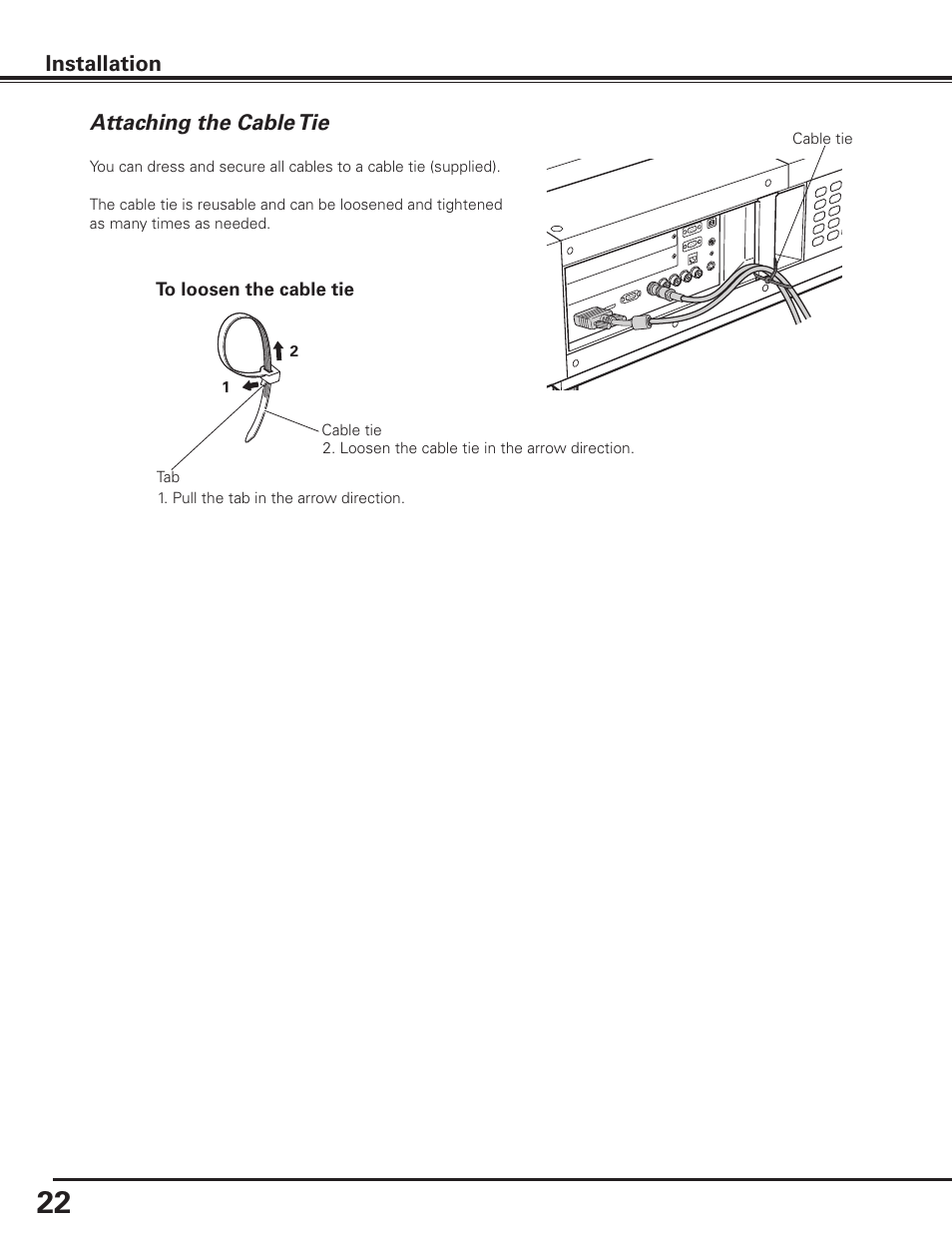 Attaching the cable tie, Installation attaching the cable tie | Sanyo PLC HF10000L User Manual | Page 22 / 99