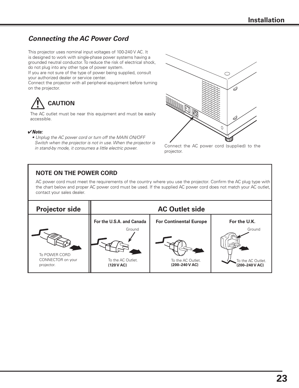 Connecting the ac power cord, Projector side ac outlet side, Connecting the ac power cord installation | Sanyo PLC HF10000L User Manual | Page 23 / 99