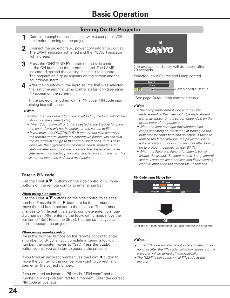 Basic operation, Turning on the projector, 4 basic operation | Sanyo PLC HF10000L User Manual | Page 24 / 99