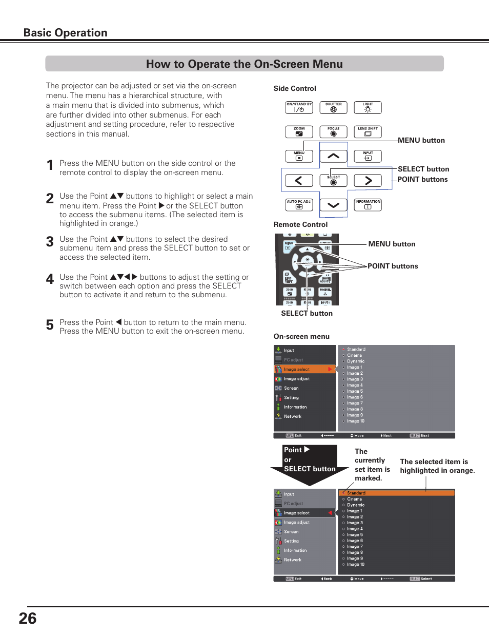 How to operate the on-screen menu, How to operate the on-screen menu basic operation | Sanyo PLC HF10000L User Manual | Page 26 / 99