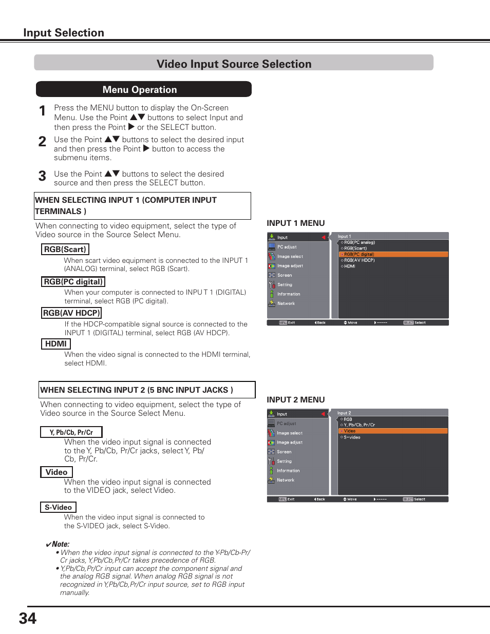 Video input source selection, Input selection | Sanyo PLC HF10000L User Manual | Page 34 / 99