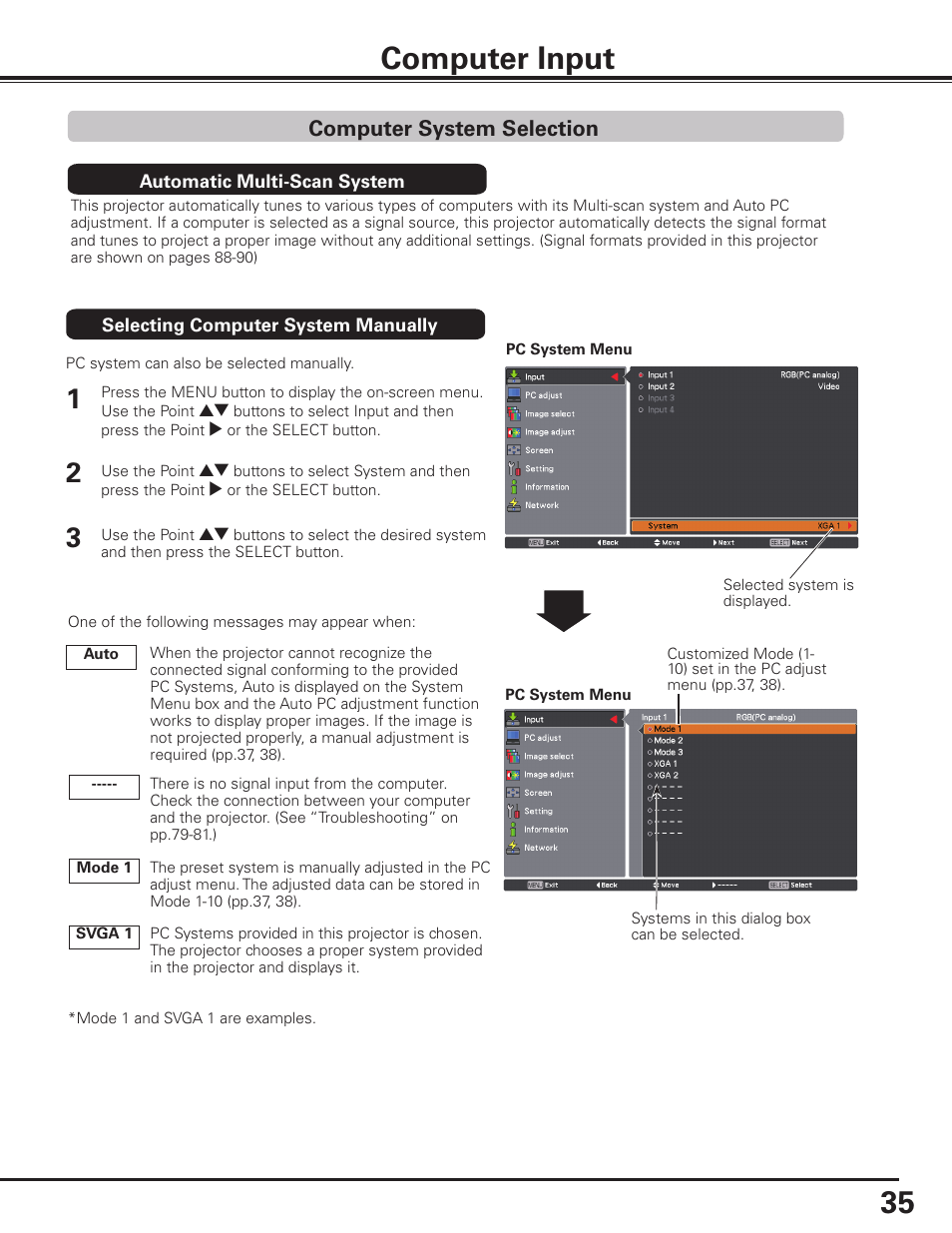 Computer input, Computer system selection, 5 computer input | Sanyo PLC HF10000L User Manual | Page 35 / 99