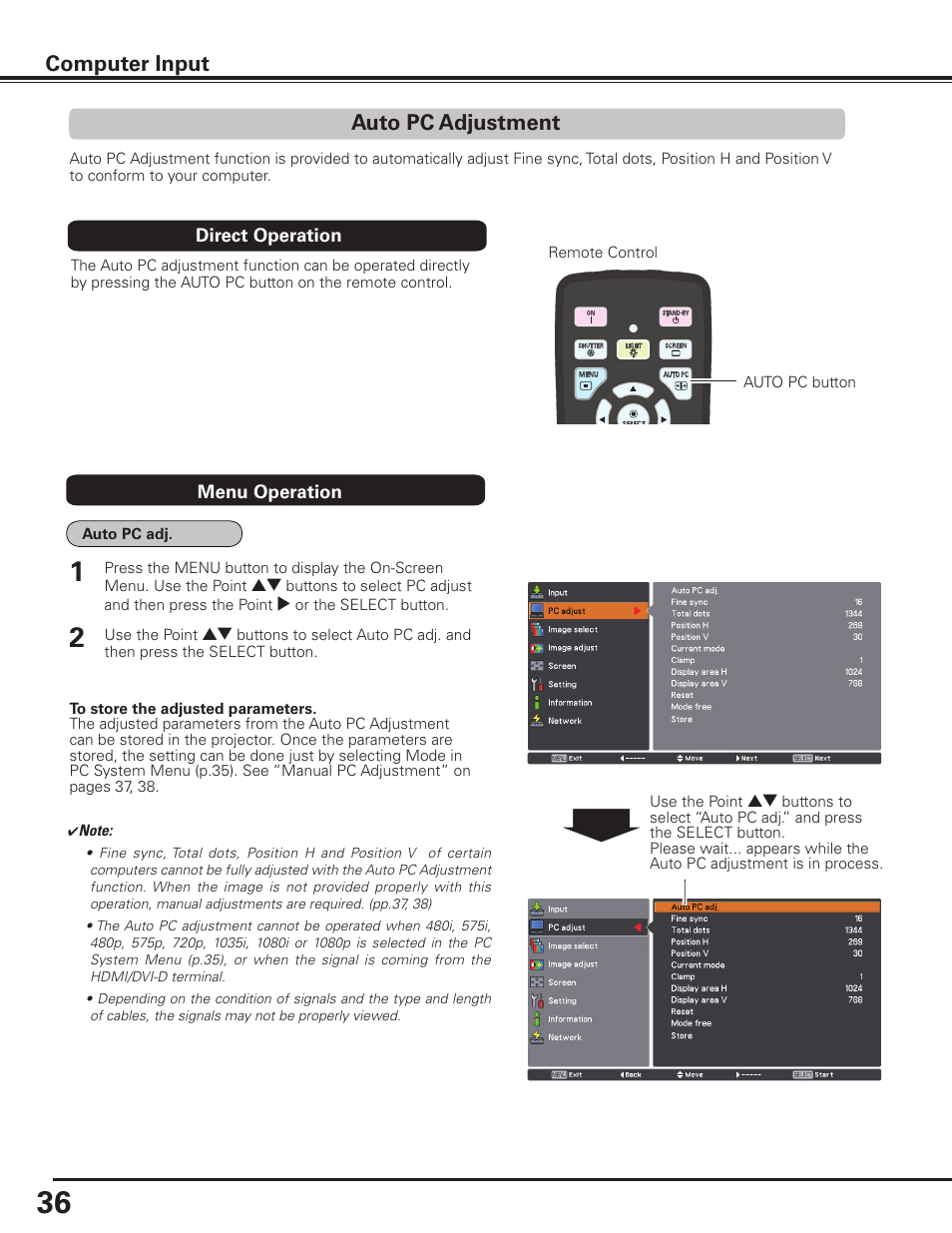 Auto pc adjustment, Computer input | Sanyo PLC HF10000L User Manual | Page 36 / 99