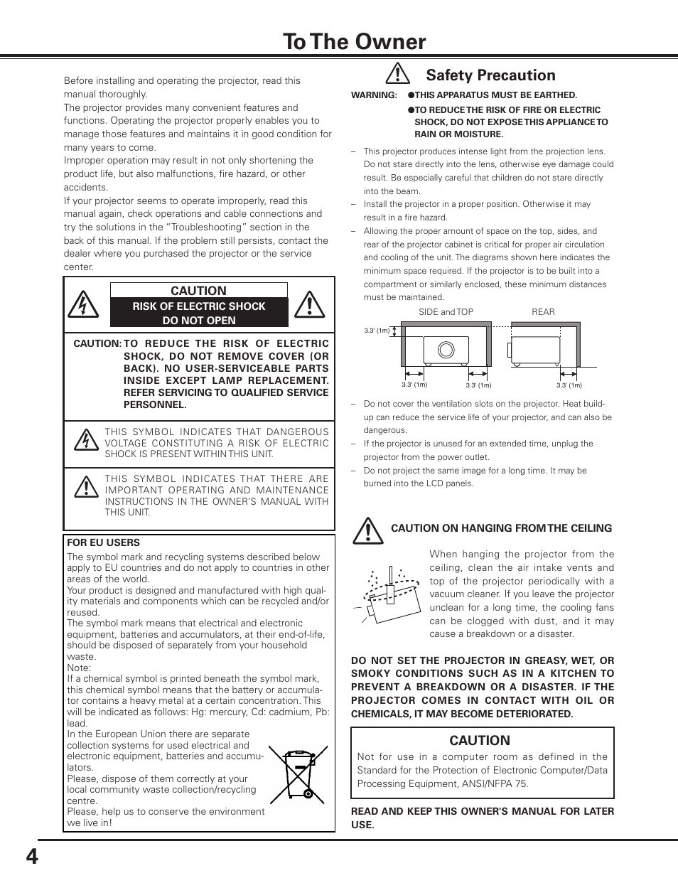 To the owner, Safety precaution, Caution | Sanyo PLC HF10000L User Manual | Page 4 / 99