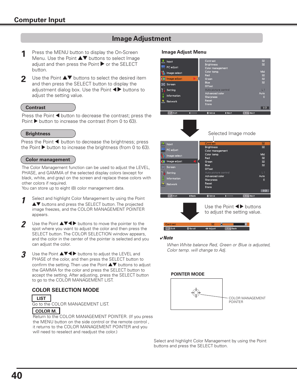 Image adjustment, Image adjustment computer input | Sanyo PLC HF10000L User Manual | Page 40 / 99