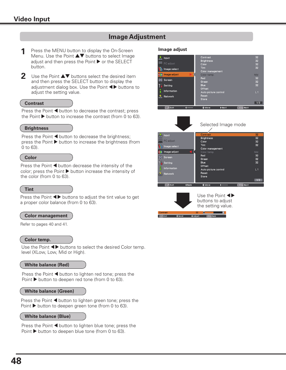 Image adjustment, Video input | Sanyo PLC HF10000L User Manual | Page 48 / 99