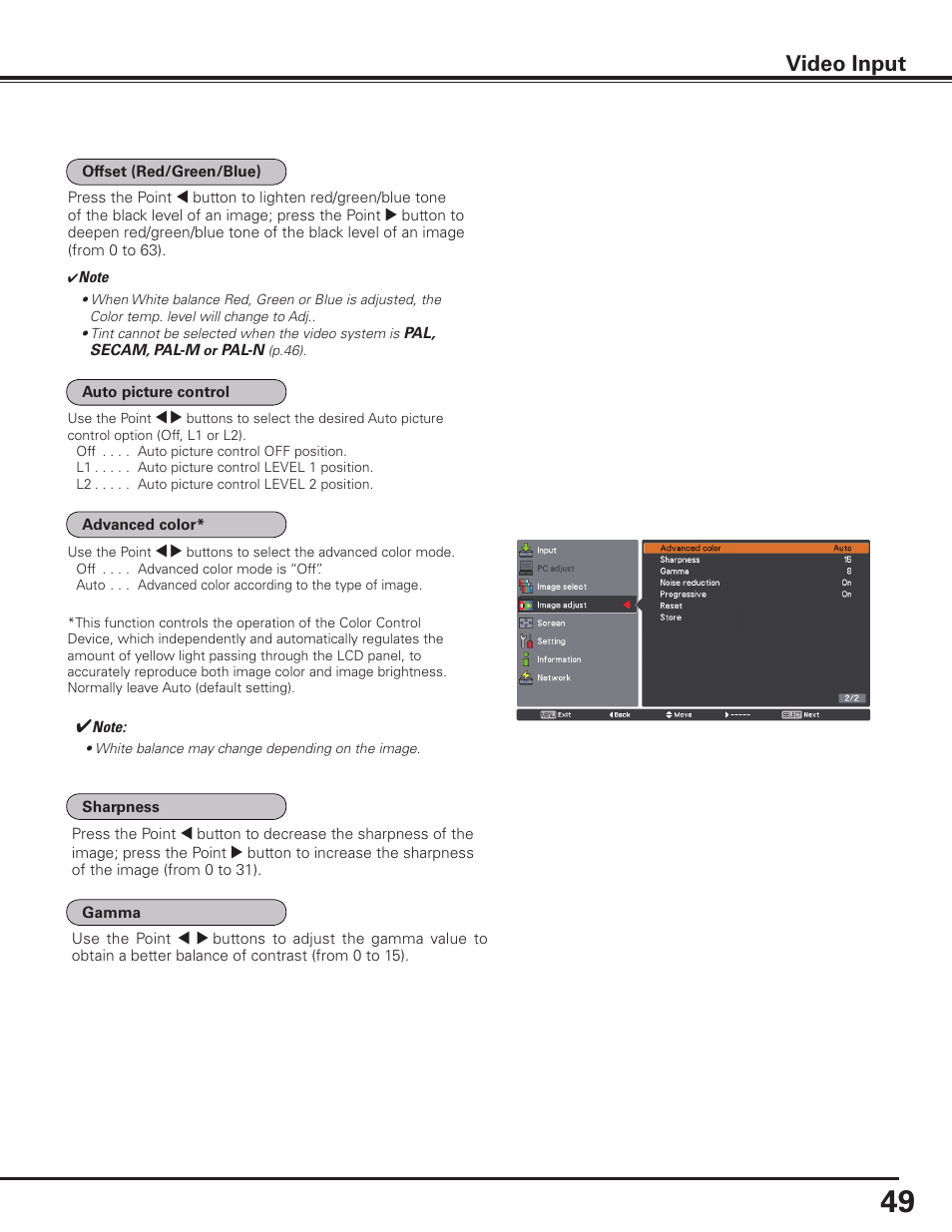 Video input | Sanyo PLC HF10000L User Manual | Page 49 / 99