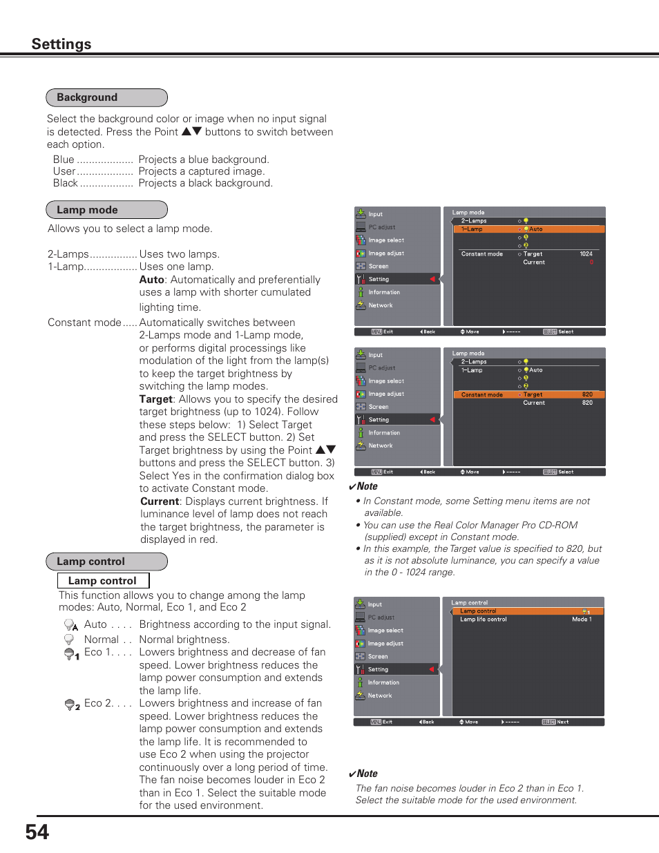 Settings | Sanyo PLC HF10000L User Manual | Page 54 / 99
