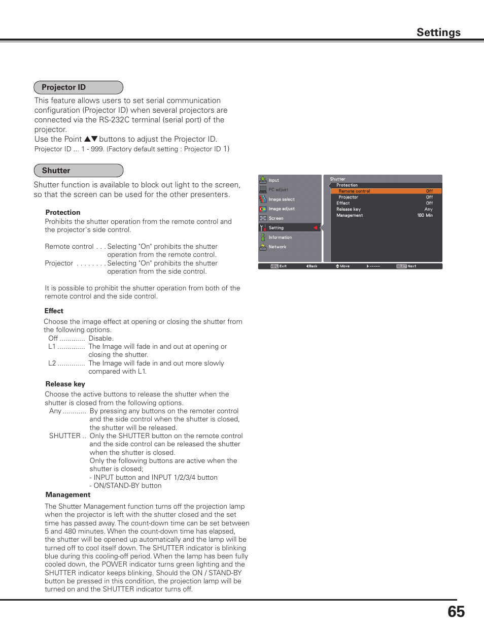 Settings | Sanyo PLC HF10000L User Manual | Page 65 / 99
