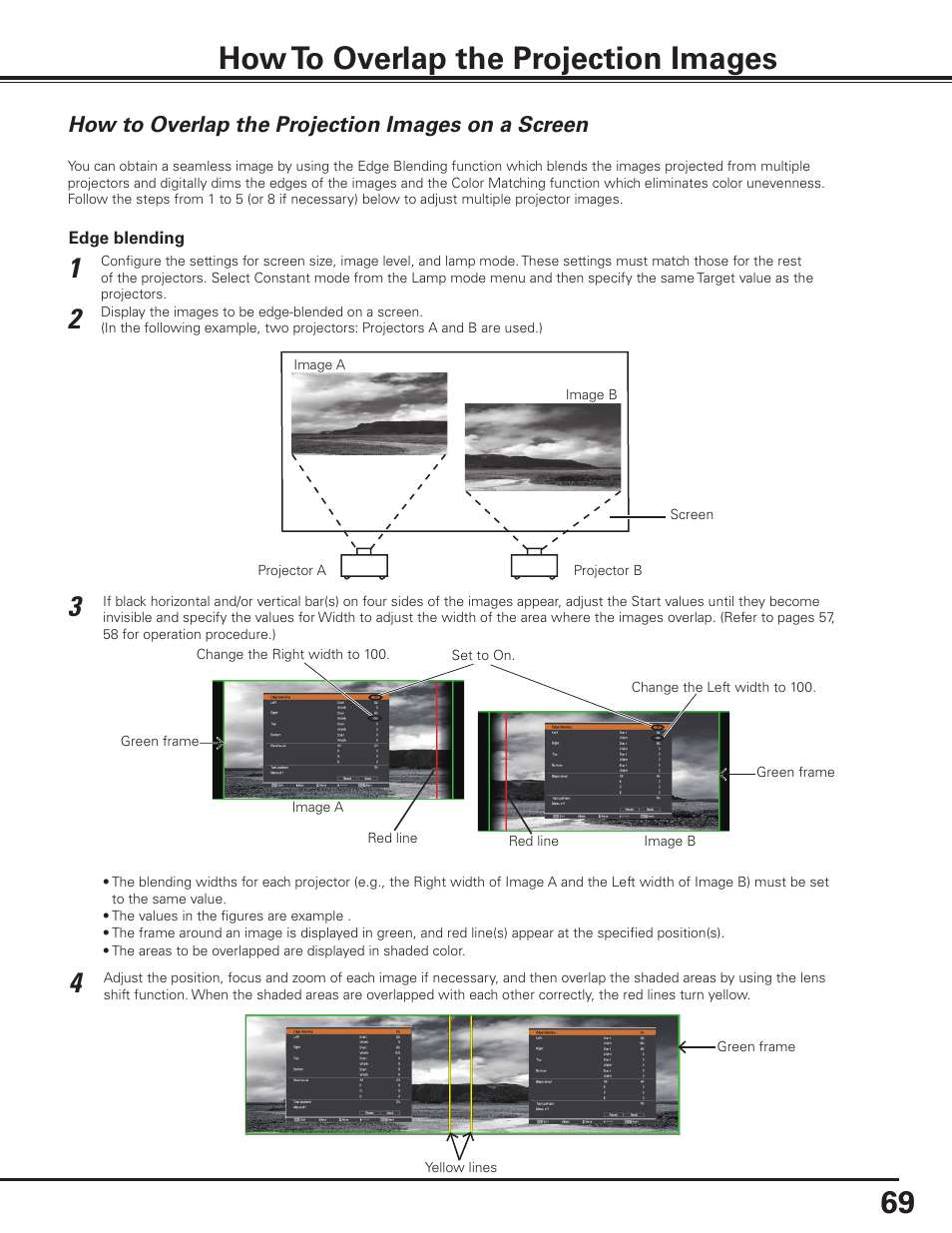 How to overlap the projection images, How to overlap the projection images on a screen, How to overlap the projection images 69 | Sanyo PLC HF10000L User Manual | Page 69 / 99