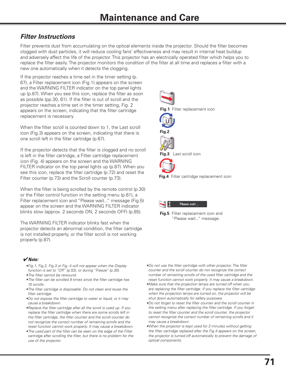 Maintenance and care, Filter instructions, 71 maintenance and care | Sanyo PLC HF10000L User Manual | Page 71 / 99