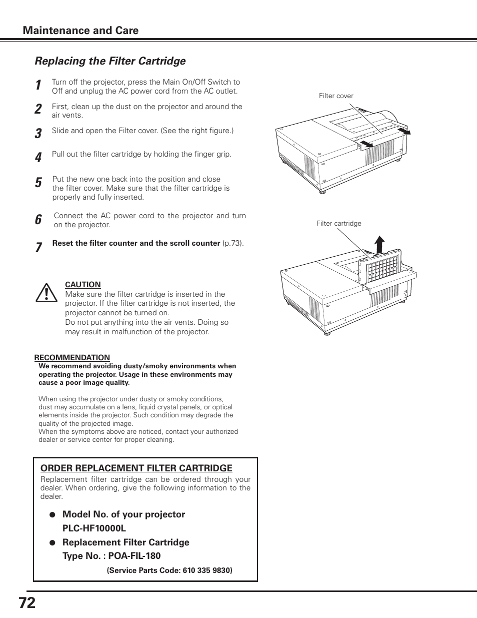Replacing the filter cartridge | Sanyo PLC HF10000L User Manual | Page 72 / 99