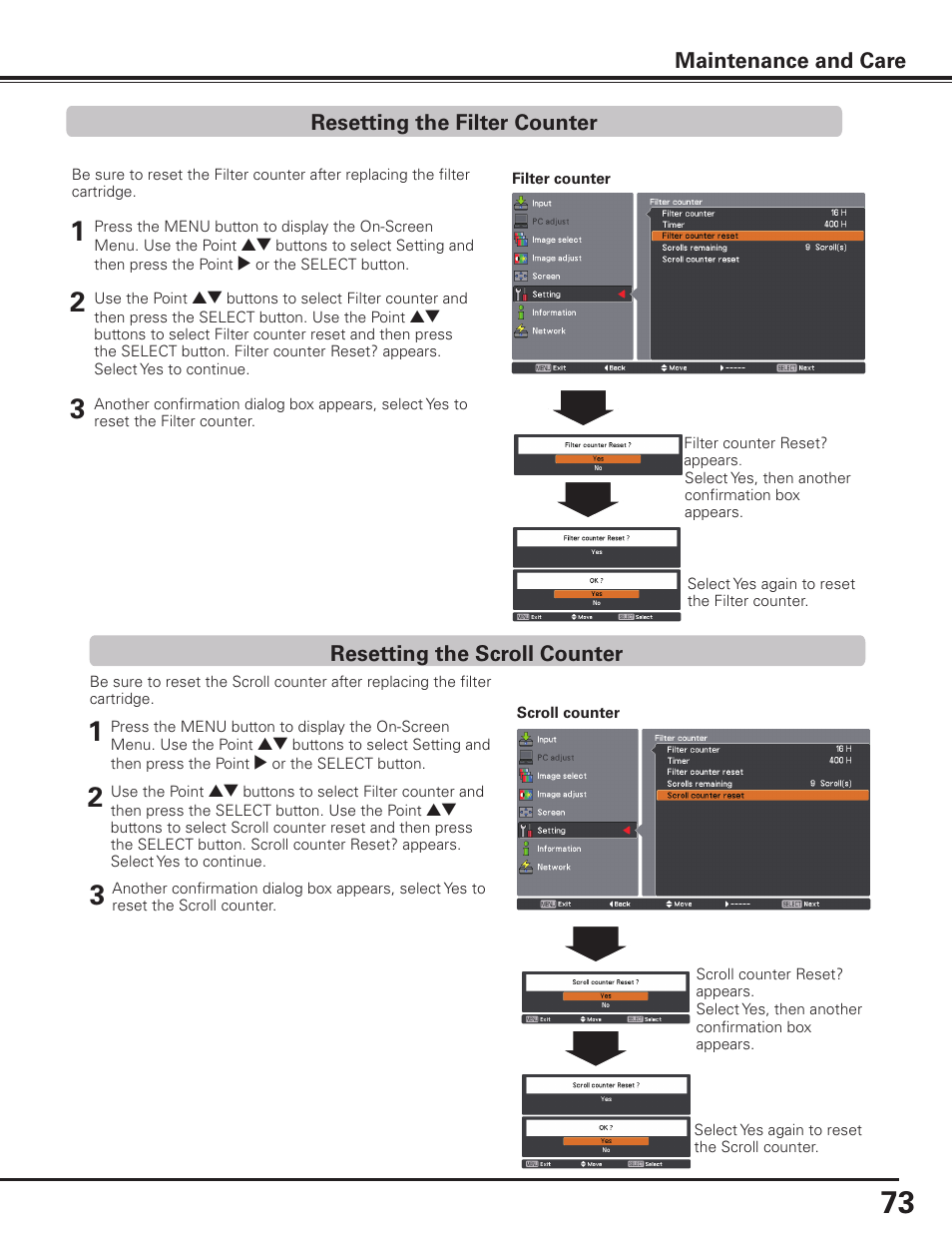 Resetting the filter counter, Resetting the scroll counter, Maintenance and care | Sanyo PLC HF10000L User Manual | Page 73 / 99