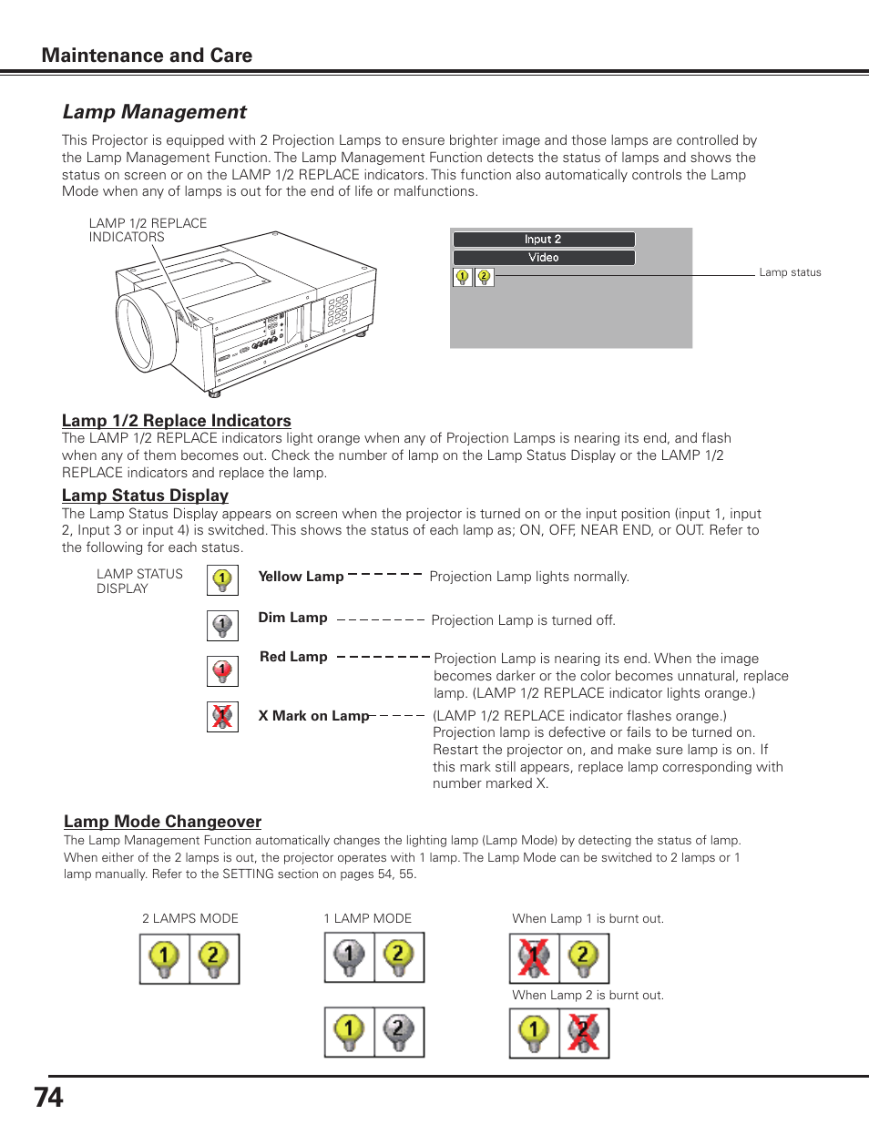 Lamp management, Maintenance and care lamp management | Sanyo PLC HF10000L User Manual | Page 74 / 99