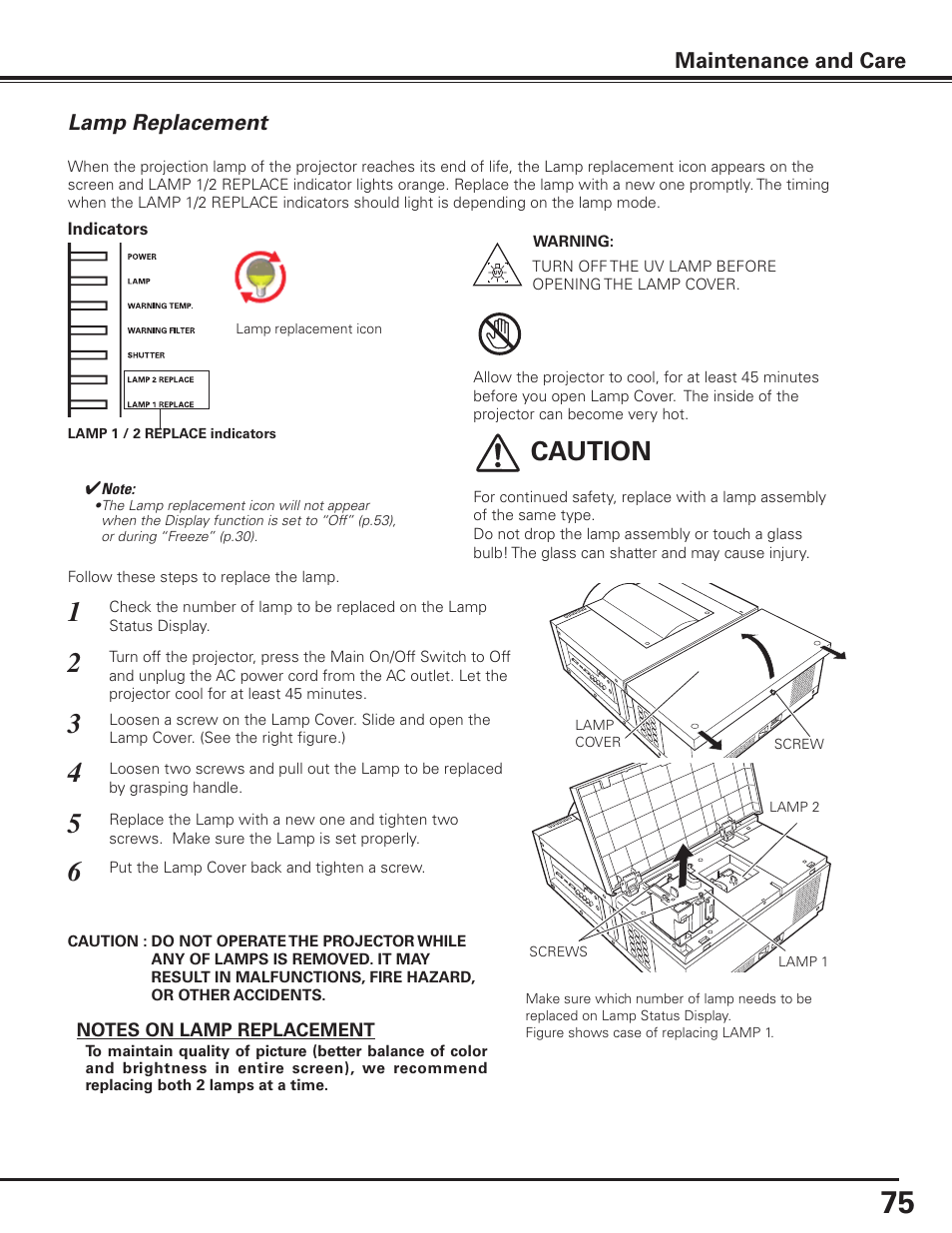Lamp replacement, Caution, Maintenance and care | Sanyo PLC HF10000L User Manual | Page 75 / 99