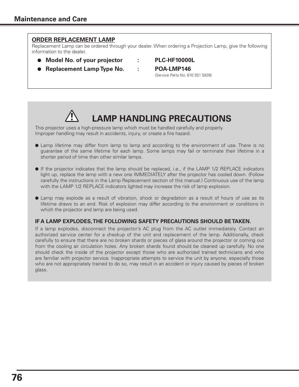 Lamp handling precautions, Maintenance and care | Sanyo PLC HF10000L User Manual | Page 76 / 99