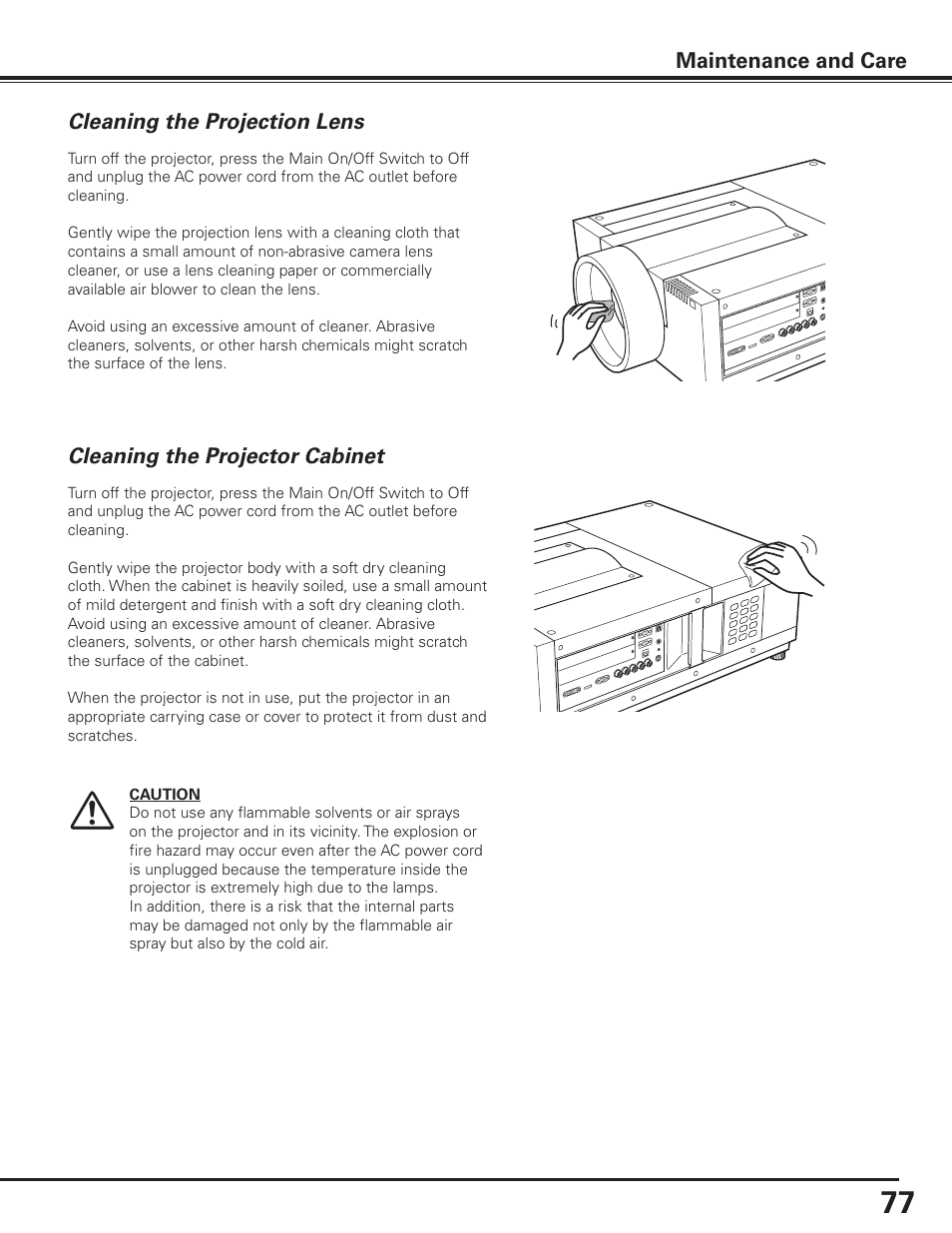 Cleaning the projection lens, Cleaning the projector cabinet, Maintenance and care | Sanyo PLC HF10000L User Manual | Page 77 / 99