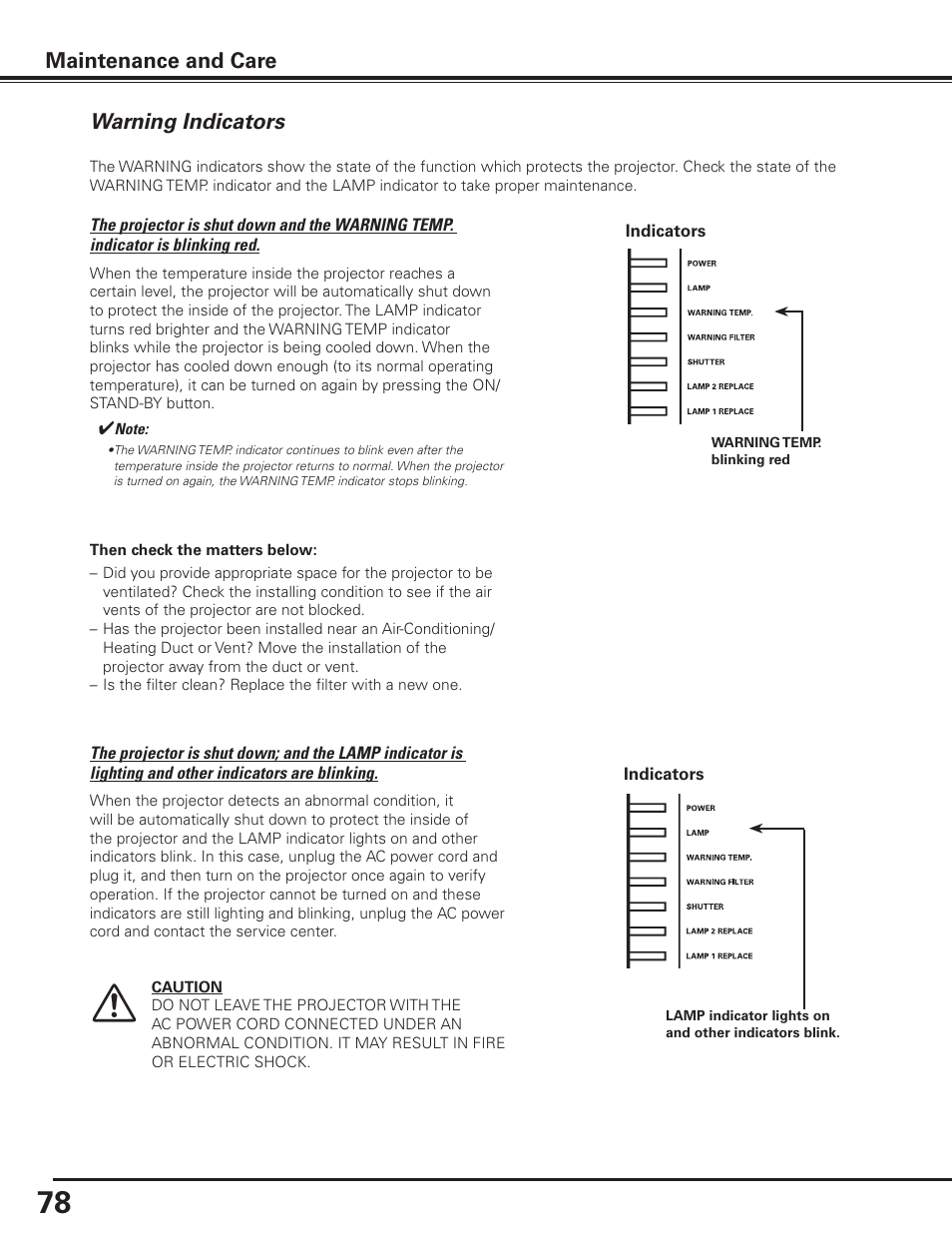 Warning indicators, Maintenance and care | Sanyo PLC HF10000L User Manual | Page 78 / 99