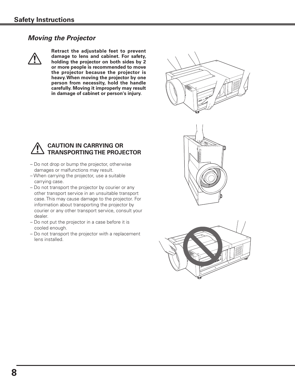 Moving the projector, Safety instructions | Sanyo PLC HF10000L User Manual | Page 8 / 99