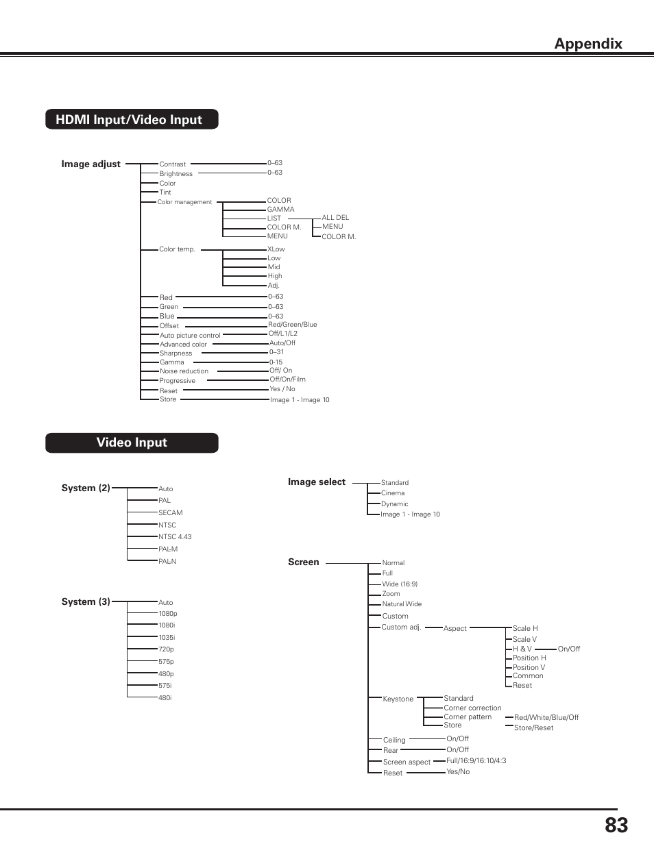 Appendix, Hdmi input/video input, Video input | Sanyo PLC HF10000L User Manual | Page 83 / 99