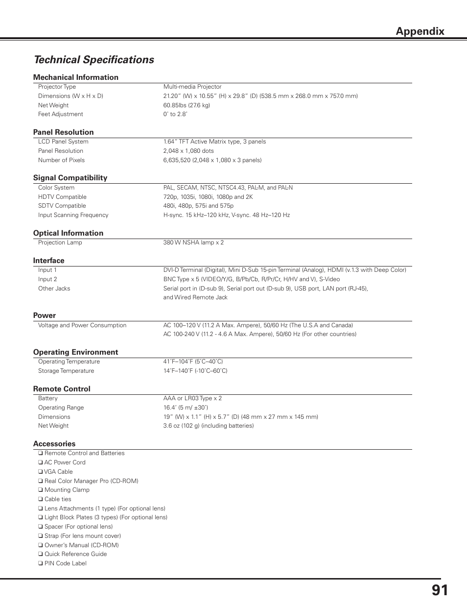 Technical specifications, Appendix technical specifications | Sanyo PLC HF10000L User Manual | Page 91 / 99