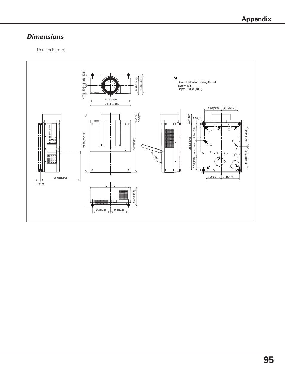 Dimensions, Dimensions appendix, Unit: inch (mm) | Sanyo PLC HF10000L User Manual | Page 95 / 99