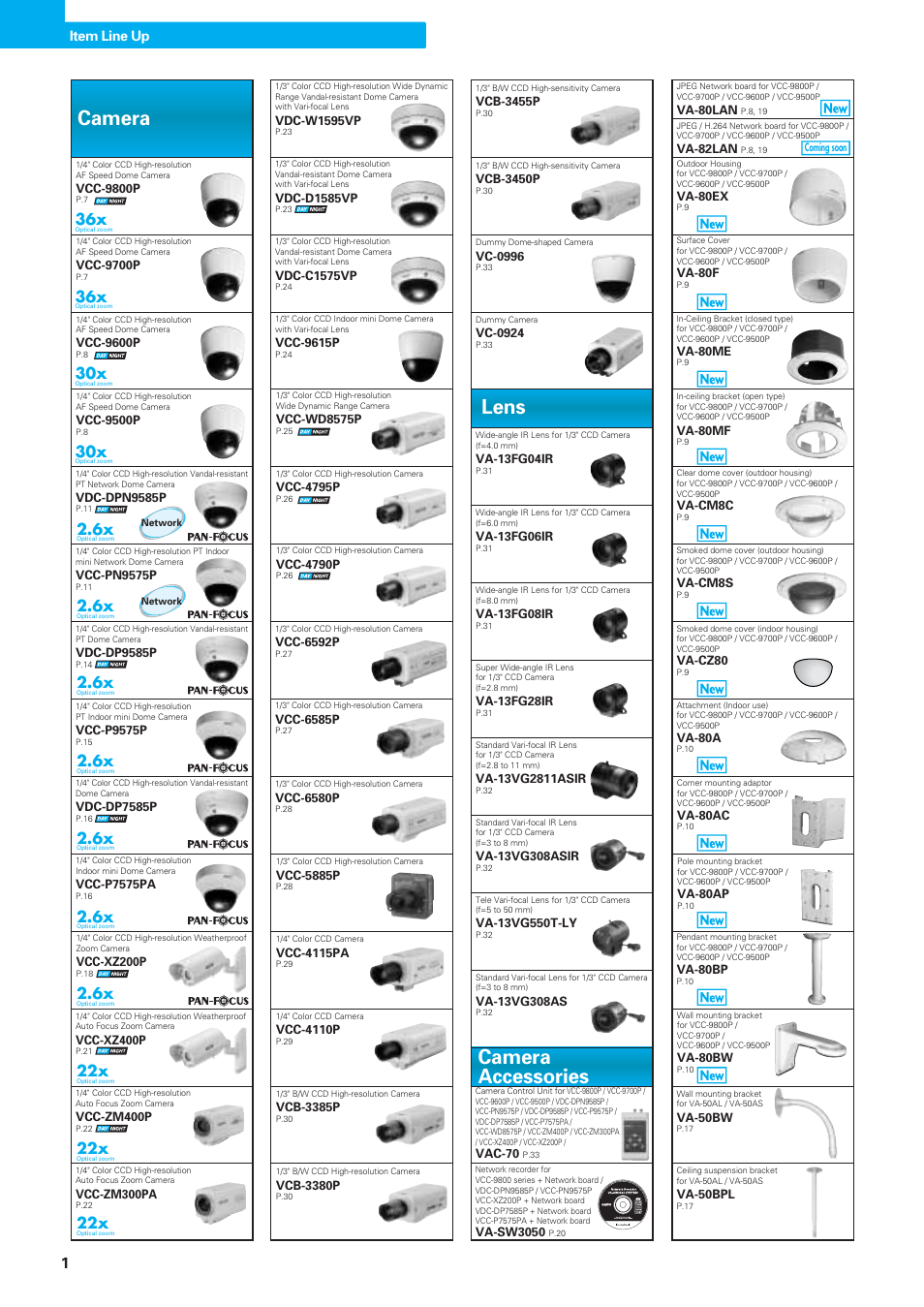 Camera lens, Camera accessories, Item line up | Sanyo VDC-DPN9585P User Manual | Page 2 / 70